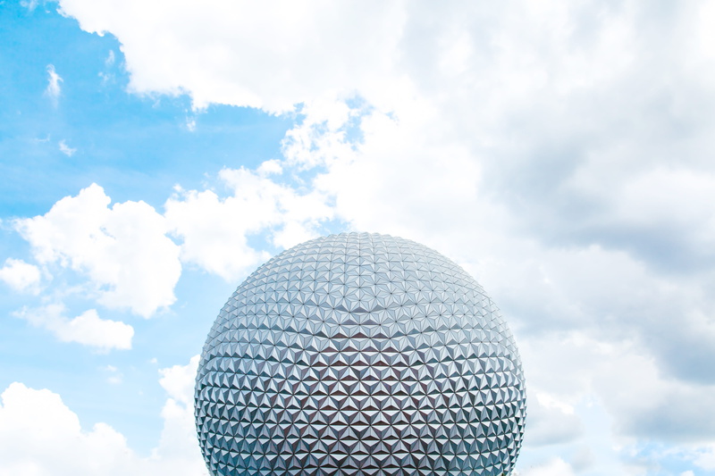 under the blue sky, cloud, blue, day, epcot, nature, decor, building, design, 4K, architectural, cloud - sky, geometric shape, grey, pattern, frame, low angle view
