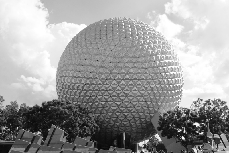 belief, disney, building, tree, plant, built structure, outdoors, golf, low angle view, black and white, nature, city, epcot, no people, clouds, arts culture and entertainment