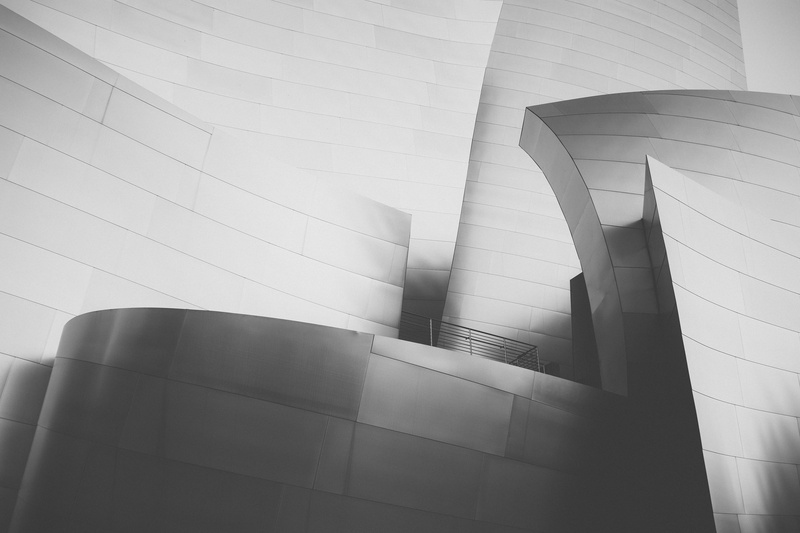 black and white, structure, building exterior, building, architecture, disney, pattern, staircase, day, 3d, walt disney concert hall, modern architecture