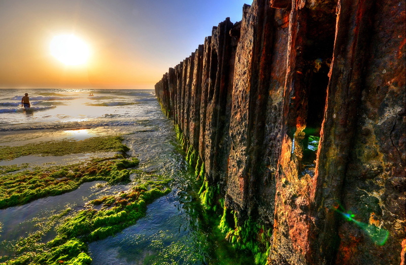 landscape, rock - Object, water, nature, wide angle, moss, sky, covered, 2K, 20mm, sun, metal, rust, sunset, beach, Sigma, coastline, summer, Nikon  D5100