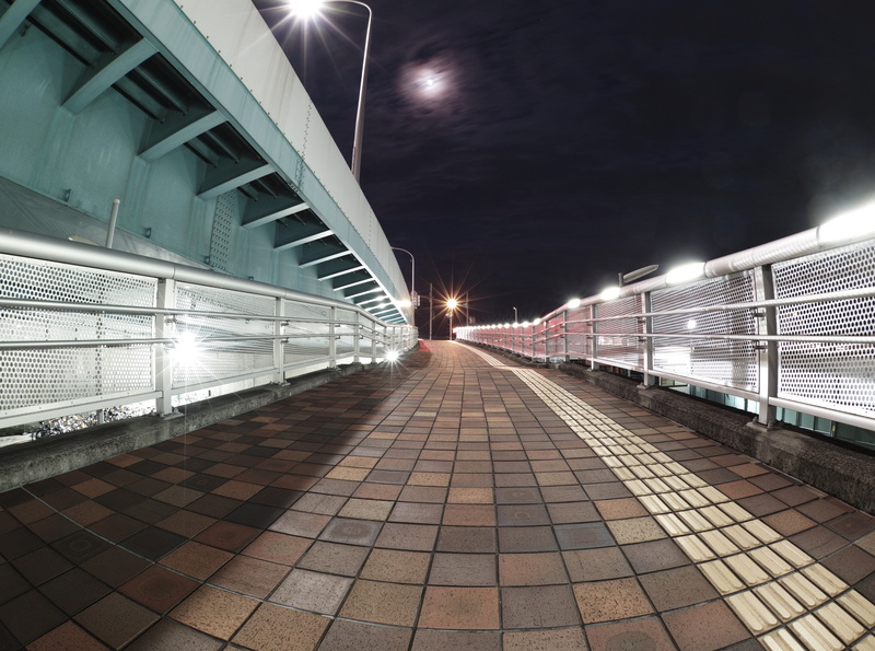 paving stone, diminishing perspective, Moon, illuminated, Slope, architecture, railing, built structure, handrails, street light, Japan, s, sigma10mmfisheye