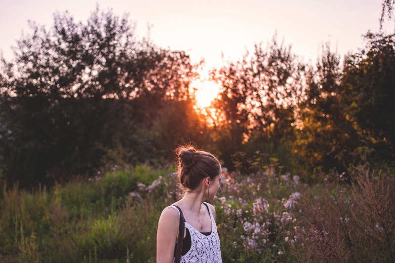 portrait, hairstyle, dress, land, walk, hair, young women, park, contemplation, trees, flower, adult, women, grass, lifestyles, happiness, field, bushes