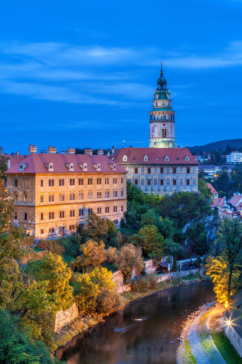 czech, history, outdoors, illuminated, the ancient town of, cesky krumlov, sky, architecture, built structure, blue, residential district, city, building
