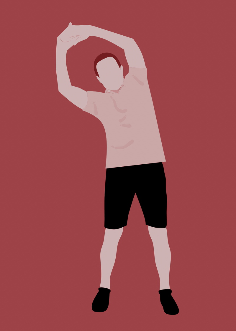 standing, illustration, cartoon character, lifting, obscured face, running, human arm, t-shirt, exercise, red, 2K, pink color, arts culture and entertainment
