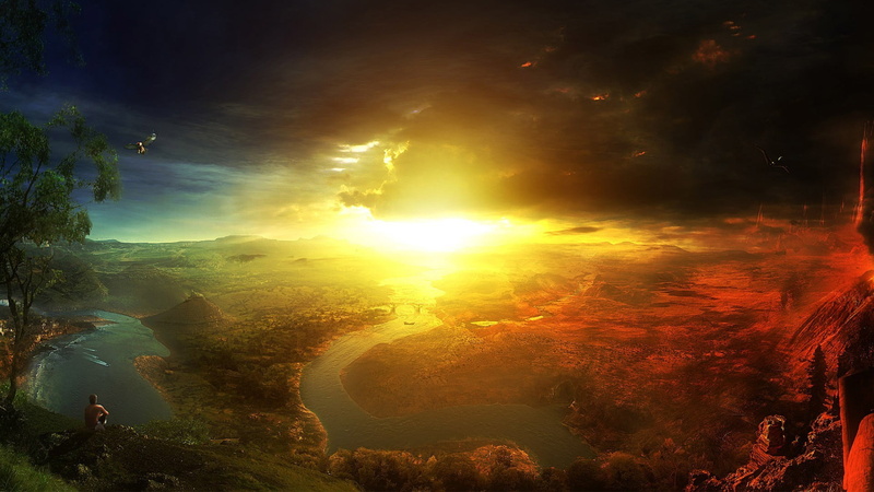fantasy art, large, tranquil scene, digital art, sunset, land, outdoors, scenics - nature, landscape, photo, environment, plant, sunlight, 1080P, aerial