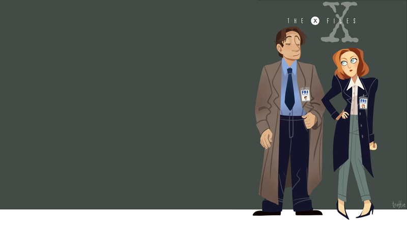 Fox Mulder, digital art, The X-Files, fan art, F.B.I., simple background, cartoon, 720P, Dana Scully, tv series