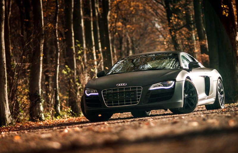 selective focus, motor vehicle, tree trunk, forest, tree, land, Audi, nature, no people, 1080P, road, R8, trunk, transportation, sunlight, woodland, outdoors