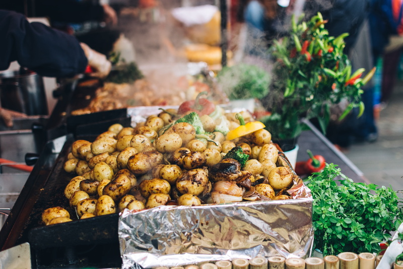 retail display, cultures, Roasted, for sale, ready-to-eat, retail, vegetables, business, small business, selling, market, vegetable, focus on foreground