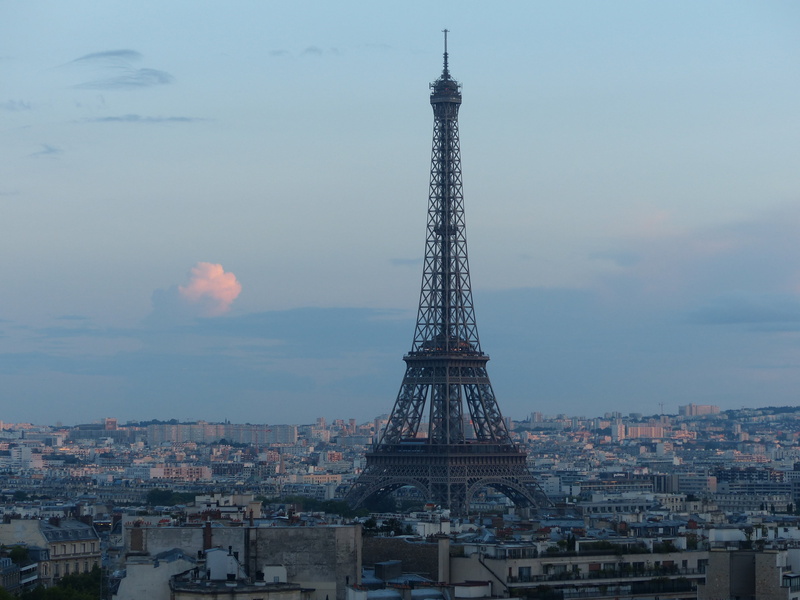 building exterior, cloud - sky, evening, building, eiffel Tower, steel structure, skyscraper, tall - high, global communications, nature, no people, city