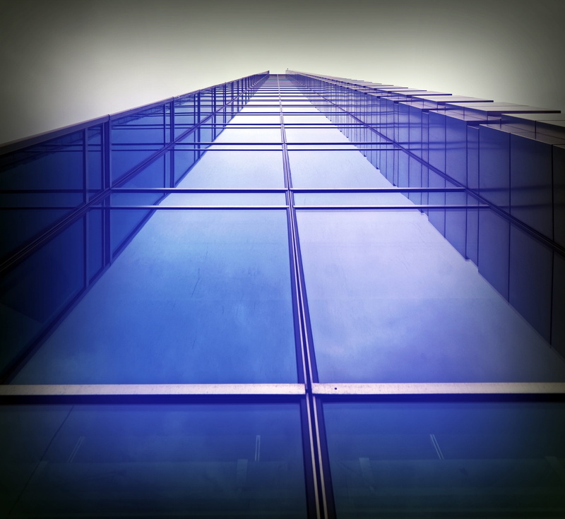 low angle view, pattern, glass - material, city, reflection, architecture, office building exterior, blue, geometric shape, 2K, building exterior, triangle shape