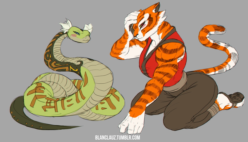 Anthro, Master Viper, furry, snake, master tigress, tiger, Kung Fu Panda, 5K, simple background