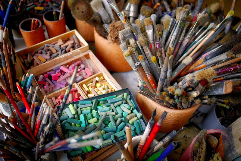 colored pencil, brushes, no people, art and craft equipment, colored pencils, large group of objects, still life, for sale, makeup, artists, paintbrush