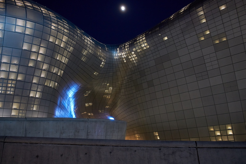 glowing, city, travel destinations, moon, building, south korea, 5K, night, wall - building feature, lighting equipment, built structure, dongdaemun design plaza