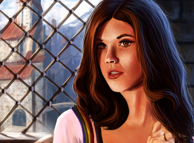 face, art, Egwene Alvere, Egwene al Vere, look, girl, eyes, view, ring, Flame of Tar Valon, 2K, hair, Robert Jordan, grille, hand, window, The Wheel Of