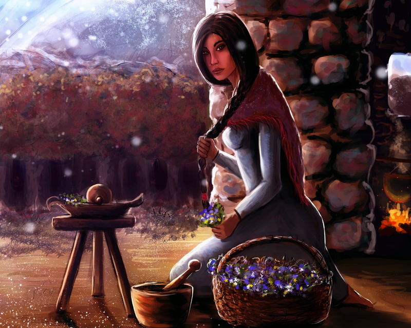 4K, mortar, house, illustration to the book, girl, grass, chair, Wise, Mesopotamia, braid, fire, basket, Nynaeve, Robert Jordan, boiler, The Wheel Of Time