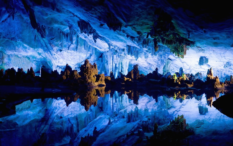 lake, solid, Water, waterfront, Cave, stalactite, tranquility, 720P, rock formation, eroded, blue, illuminated, rock - object, Mirror, rock, nature, indoors