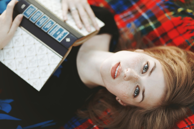 introvert, redhead, books, looking at viewer, freckles, lying on back, 4K, tartan, women