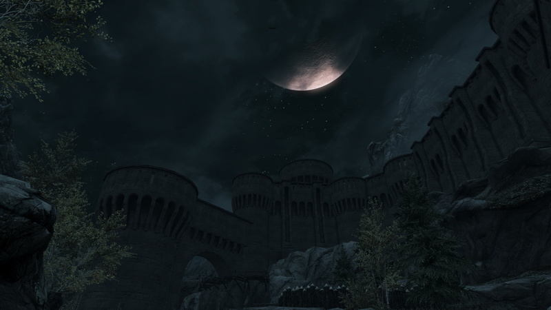 building exterior, architecture, moonlight, 1080P, sky, video games, The Elder Scrolls V: Skyrim, outdoors, nature, tree, star - space, scenics - nature