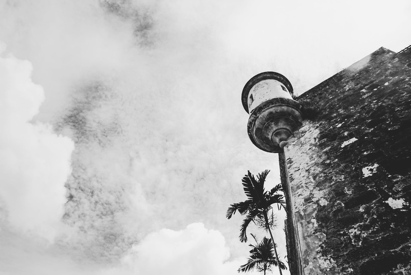 fort, day, tree, religion, low angle view, built structure, lighting equipment, cloud - sky, Puerto rico, architecture, outdoors, tall - high, no people
