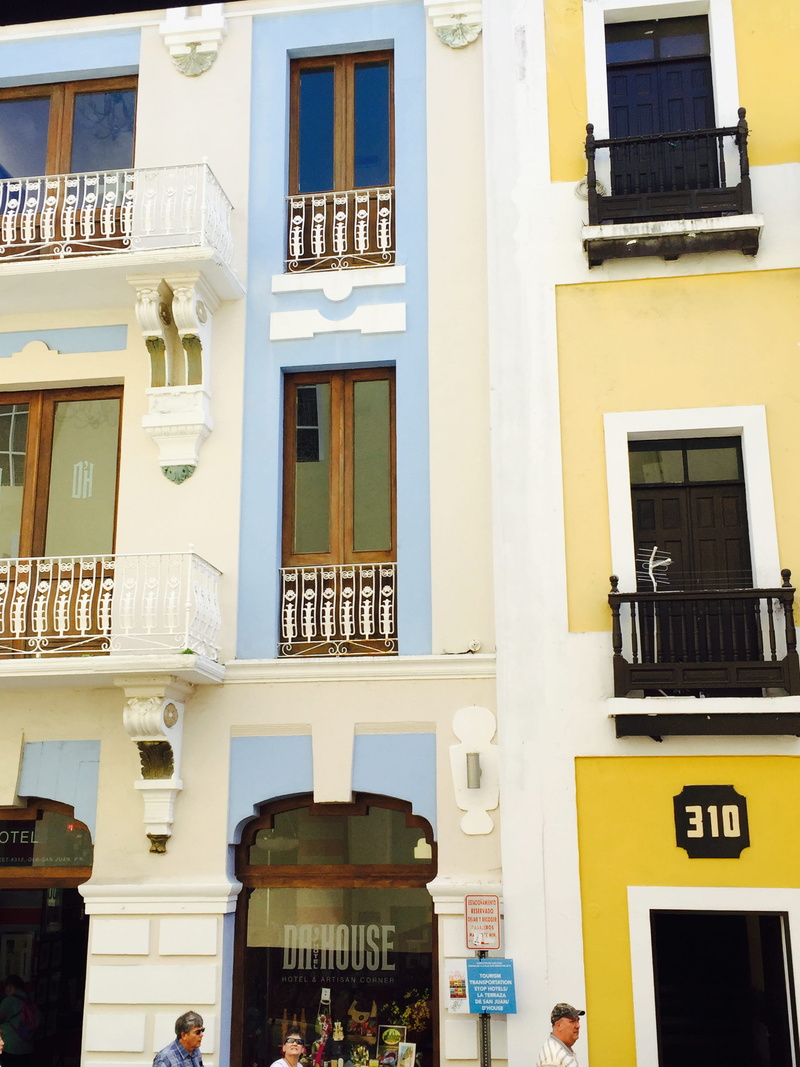balcony, yellow, building, low angle view, building exterior, puerto rico, architecture, glass - material, old san juan, blue, residential district, city life