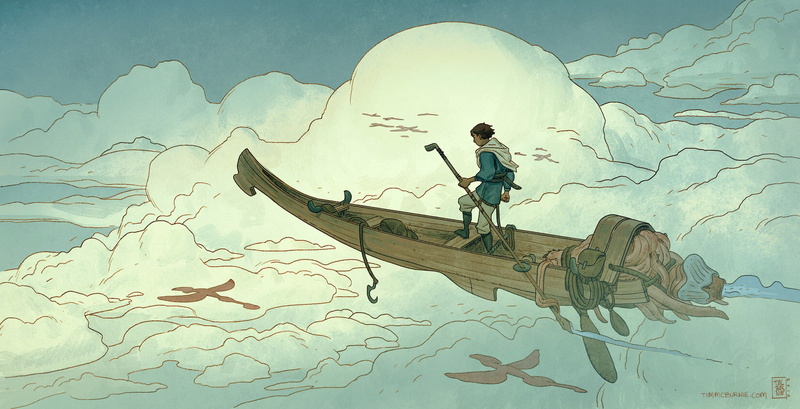 side view, 1080P, contemplation, sky, full length, hood, oar, fishing, young adult, boat, adult, fantasy art, one person, art and craft, fantasy, digital composite