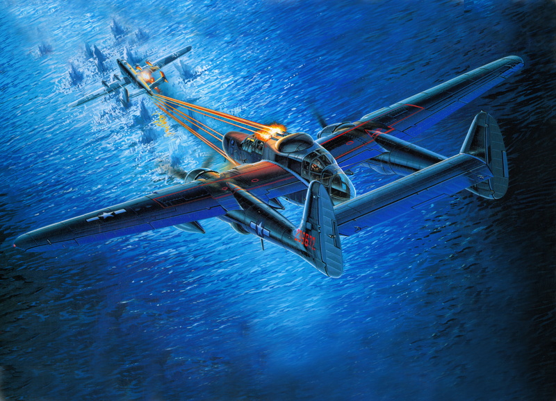 military aircraft, waterfront, air force, beauty in nature, sport, transportation, Northrop P-61 Black Widow, no people, painting, water, artwork, nautical vessel