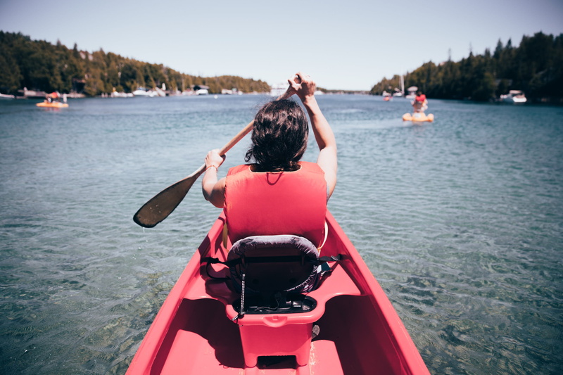 boat, red kayak, sitting, rear view, Adventure, nautical vessel, scene, Sky, people, paddle, leisure activity, river, 2K, kayaking, Tourism, hair, outdoor