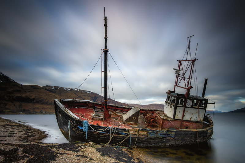 Gone Fishing, long  exposure, gray, boat, old, sky, jones, 5K, nautical Vessel, body, white, ship, sea, loch, water, brown, body of water, highlands, samsung
