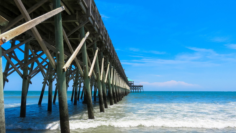 water, 4K, beach, nature, blue sky, pier, built structure, underneath, tranquility, folly beach, pier 101 restaurant and bar, no people, blue, horizon