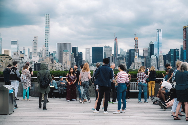 rooftop, united states, outdoors, leisure activity, nyc, 5K, tall - high, city, cloud - sky, adult, building, financial district, men, fujifilm, city life