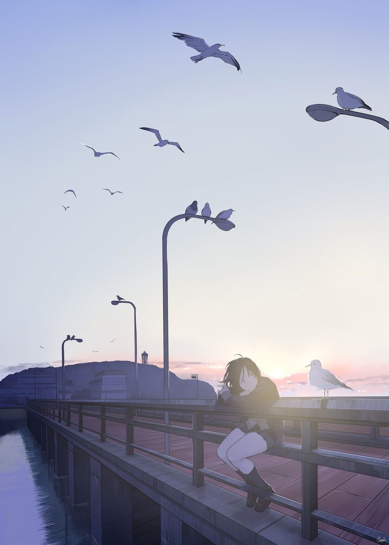 sunlight, black hair, daybreak, 1080P, anime girls, birds
