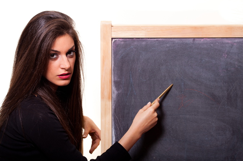 studying, young women, portrait, learning, board, indoors, smiling, teacher, looking at camera, student, black Color, looking, hairstyle, classroom, sleeved