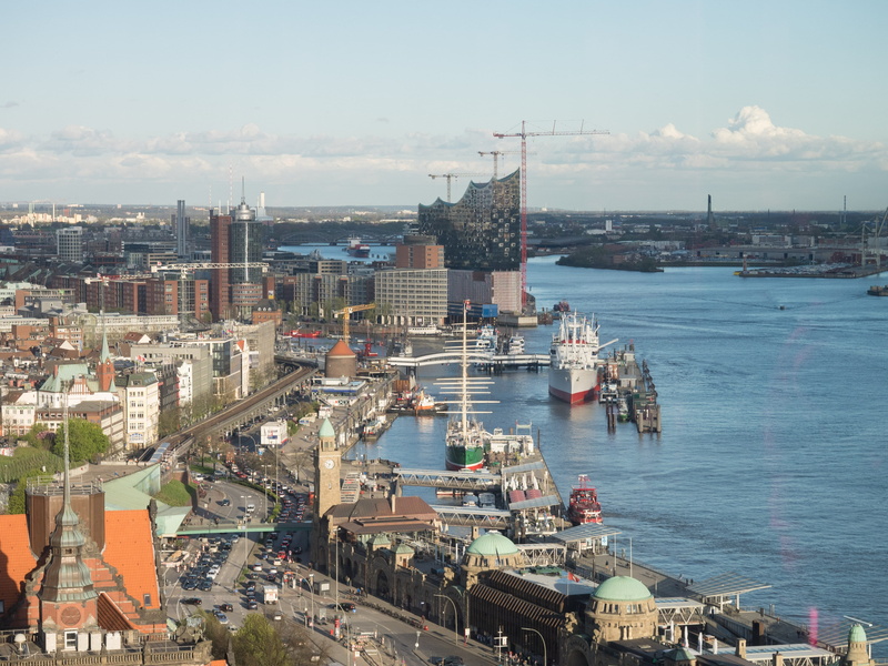 ship, built structure, buildings, Hamburg, sea, seashore, near, skyscraper, city, residential district, building exterior, nature, sky, cityscape, nautical vessel