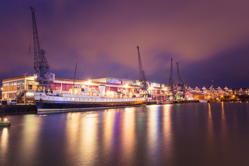 lights, reflection, water, night, boat, freight transportation, crane, harbourside, harbor, shipping, sea, light, illuminated, city, ship, bristol, commercial dock