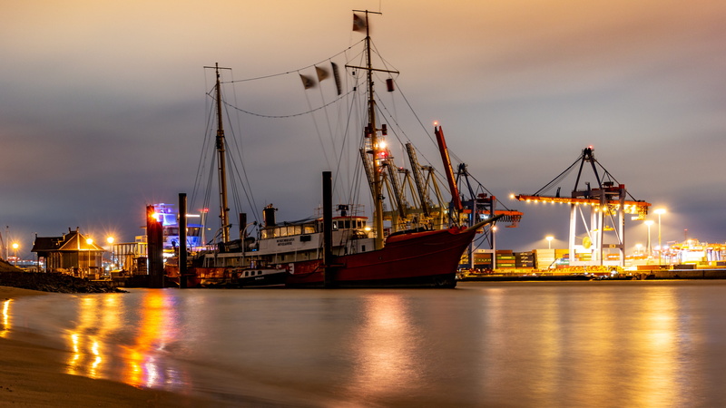 shipping, nautical vessel, harbor, sailboat, industry, business, mode of transportation, maritime, sky, port city, river, cranes, evening, dark, night