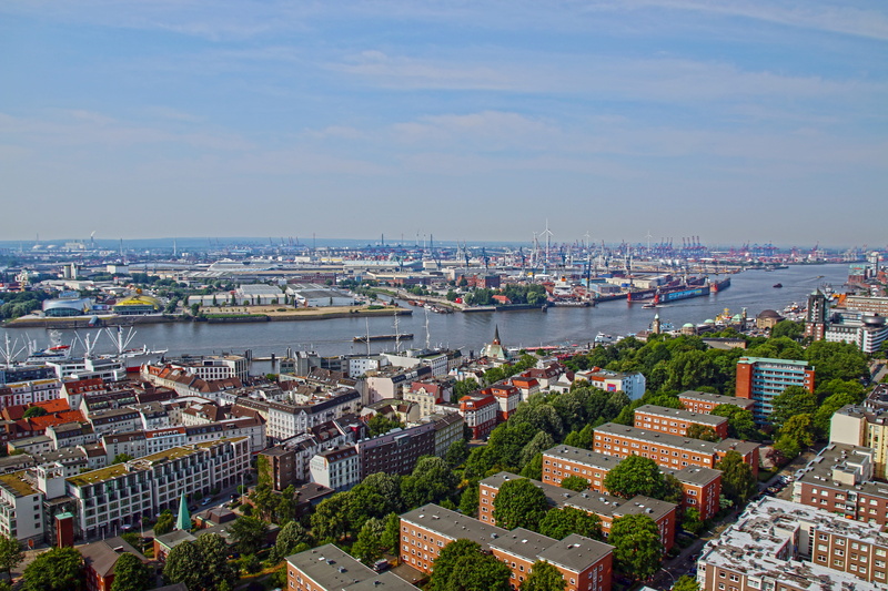 residential district, high, harbour cranes, nature, transportation, built structure, no people, river, northern germany, daytime, building, container, europe