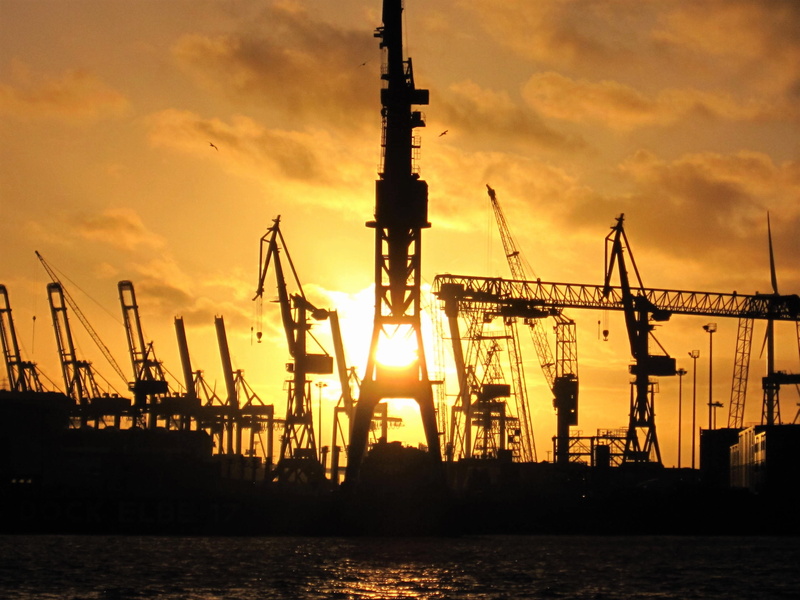 elbe, machinery, Hamburg, crane - Construction Machinery, pier, construction equipment, business, cloud - sky, architecture, freight Transportation, sunrise - Dawn