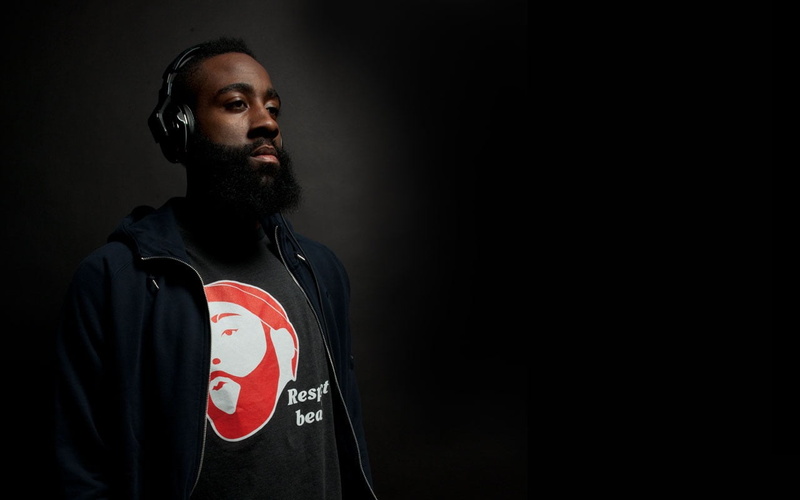 men, rocket, Houston, moustache, James Harden, harden, sports, one person, NBA, serious, 720P, black background, james, beard, sport, studio shot, headphones