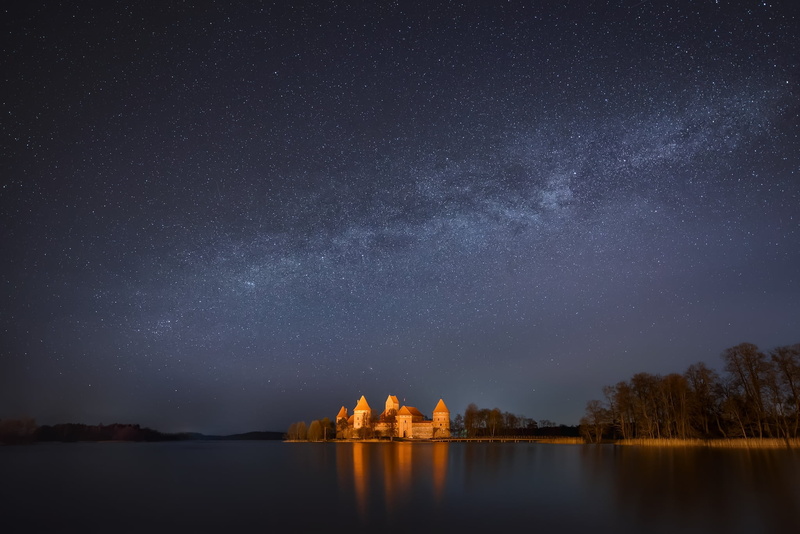 dusk, sky, milky Way, tranquility, canada, illuminated, landscape, architecture, built structure, water, beauty in nature, light - Natural Phenomenon, star Shape