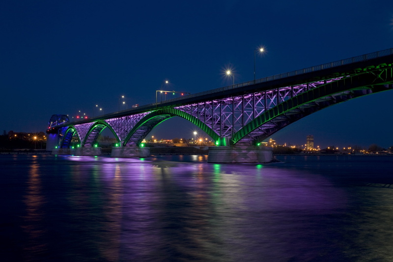 purple, transportation, dusk, water, illuminated, peace bridge, river, sunset, twilight, arch bridge, travel, hdr, travel destinations, reflection, suspension