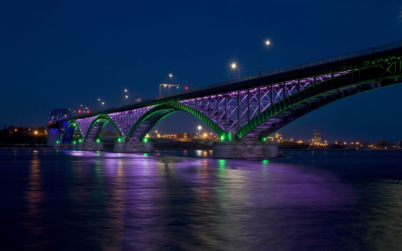 landscape, architecture, reflection, truss, gray, bridge, city, nature, river, water, connection, illuminated, outdoors, purple, waterfront, arch bridge