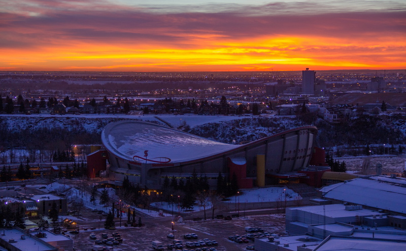 dusk, nature, snow, cold temperature, cityscape, travel destinations, architecture, outdoors, calgary, Alberta, 5K, gray, sunset, building exterior, saddledome