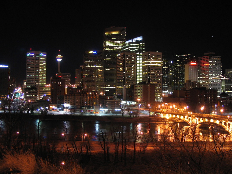 at night, lights, downtown District, built Structure, lighted, alberta, Canada, no people, up, outdoors, modern, river, financial district, calgary, Skyline
