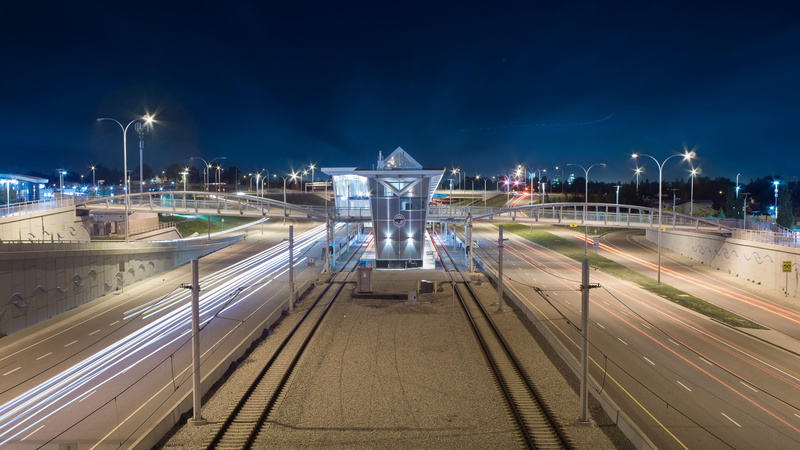 subway, long-exposure photography, train station, outdoors, direction, street light, freeway, night, architecture, tram, lrt, road, bridge, street, 5K