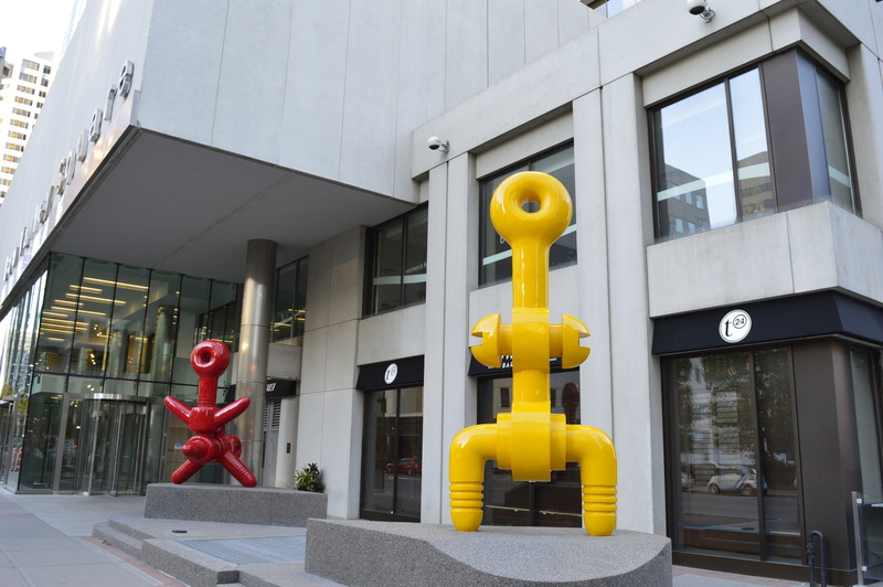 no people, representation, calgary, alberta, art and craft, building, city, red, sculpture, office, human representation, toy, canada, built structure