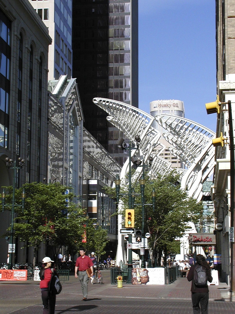 alberta, street, city Life, real people, buildings, office building exterior, tree, sky, canada, people, calgary, famous Place, plant, building, down town