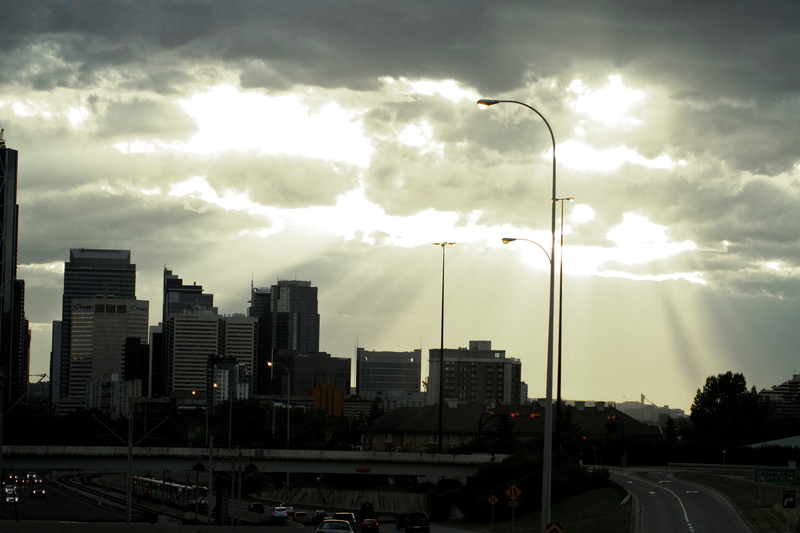 buildings, canada, skyscraper, dusk, land vehicle, building exterior, outdoors, no people, cityscape, urban, cloud - sky, street light, sunbeam, downtown