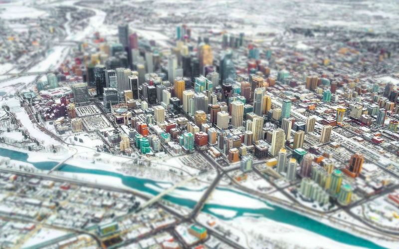 Canada, winter, Calgary, tilt shift, river, city, snow, 1080P, cityscape, urban, building