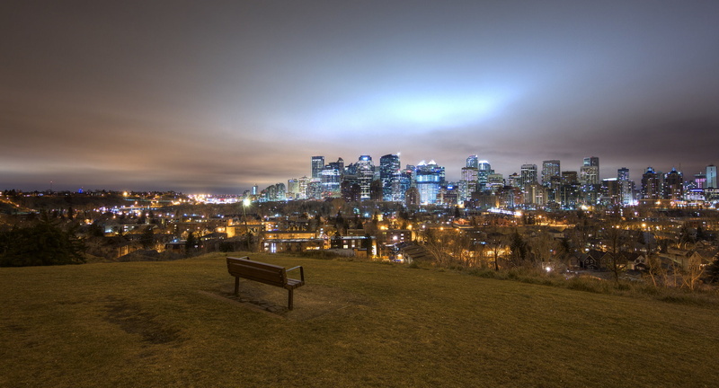 panorama, landscape, Canada, 1080P, bench, lights, night, Calgary