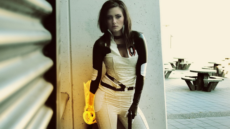 Mass Effect, brunette, bodysuit, looking at viewer, leggings, cosplay, video games, 1080P, hips, Miranda Lawson, filter
